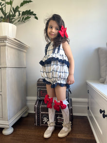 Baby Girls | Checkered Linen Ruffle Romper | White x Blue