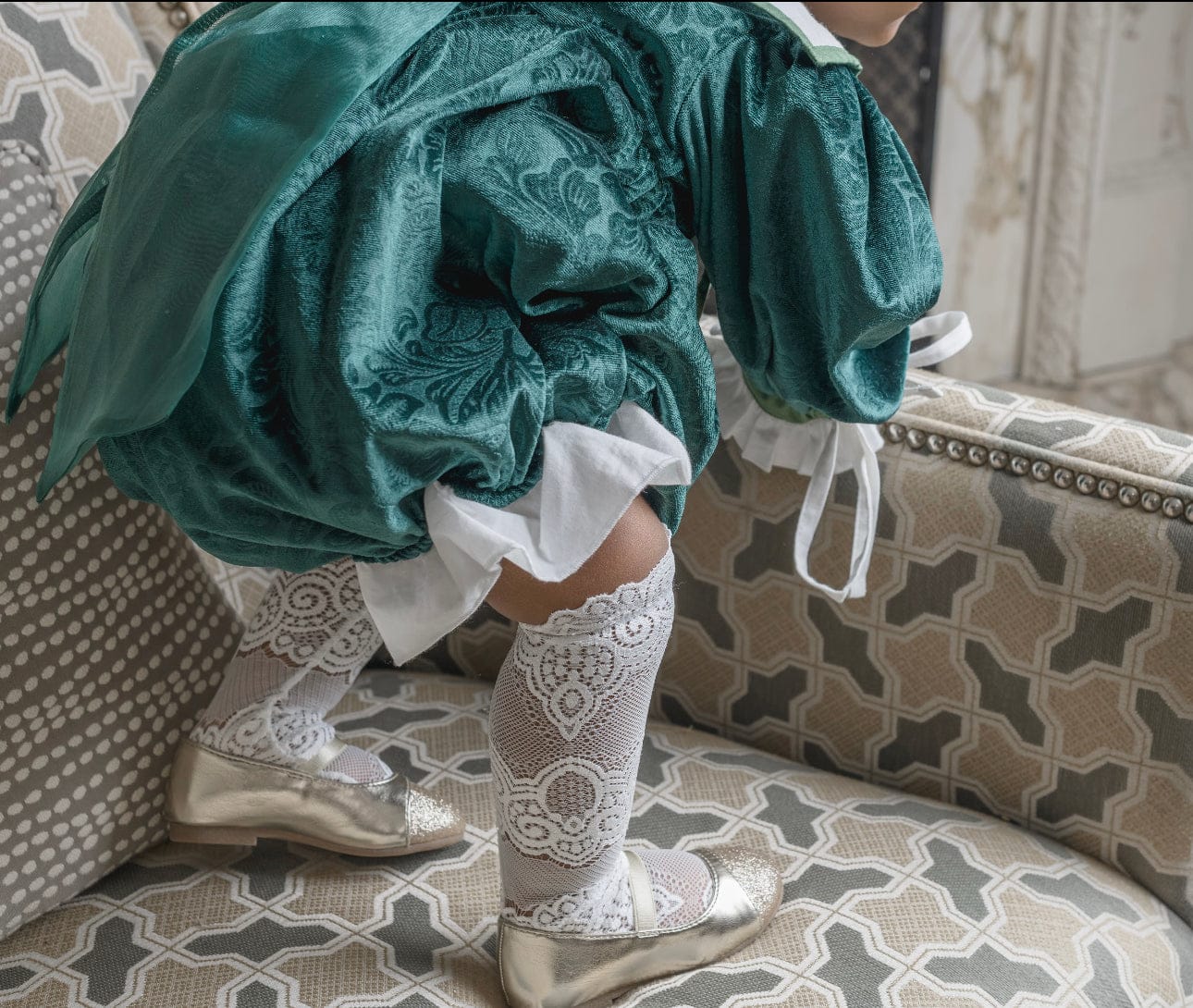 Baby Girls | Everly Damask Velour Romper | Green