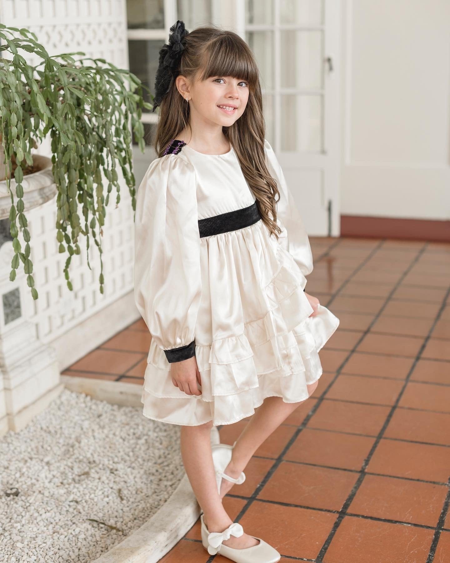Evangeline Satin Champagne Ruffle Dress - Petite Maison Kids