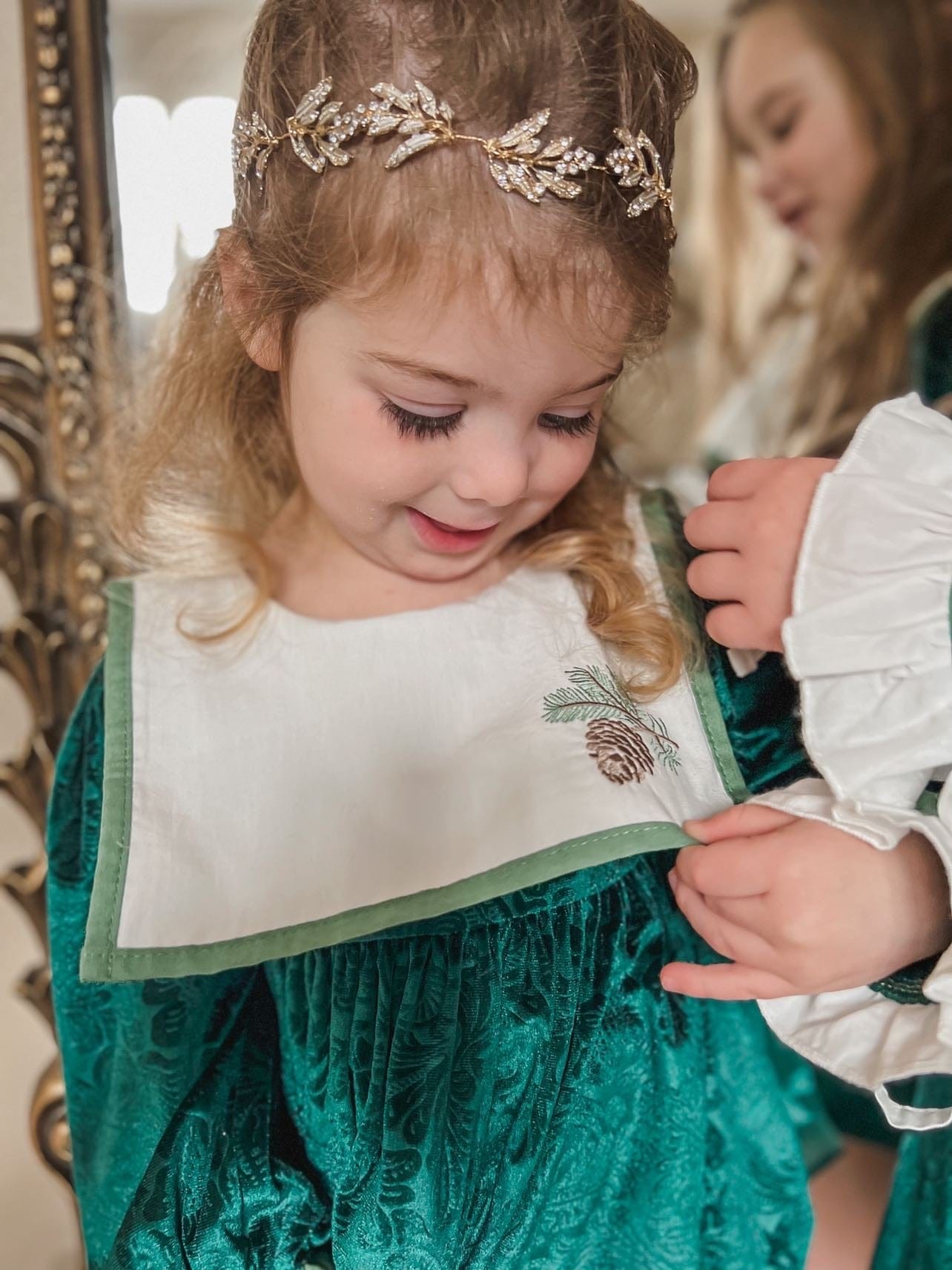 Baby Girls | Everly Damask Velour Romper | Green