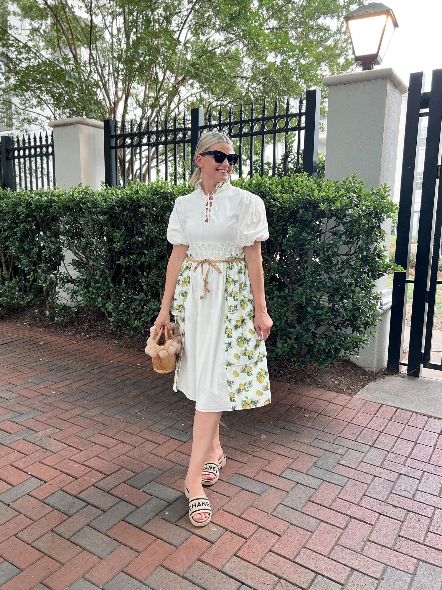Women | Amalfi Print Linen Mom Dress | Lemon