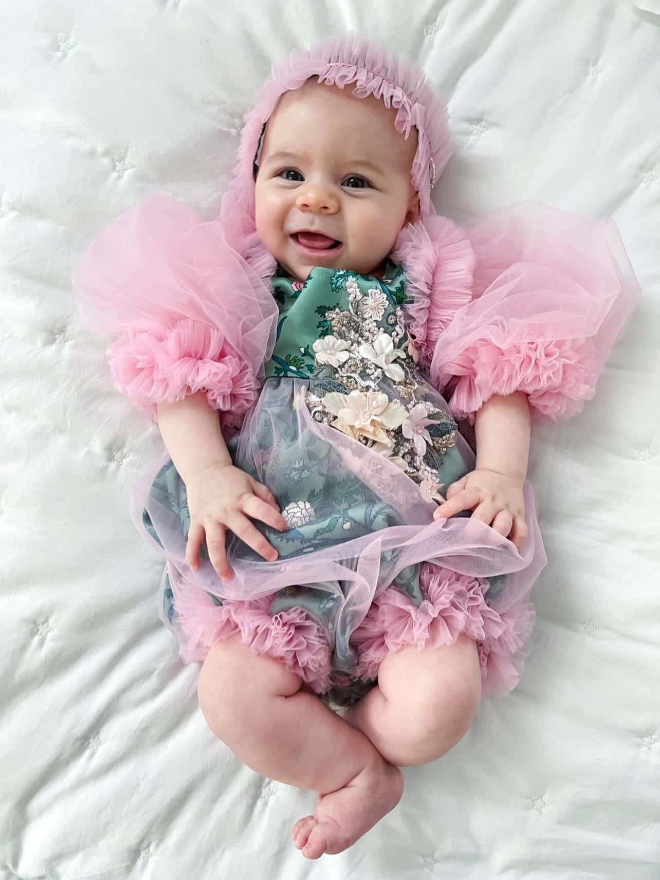 Baby Girls | Eva and Floral Tulle Romper | Pink & Green