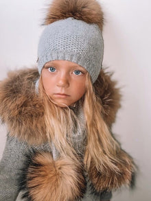 Baby Unisex | Honeycomb Cashmere Beanie Hats Pom | Grey & Natural