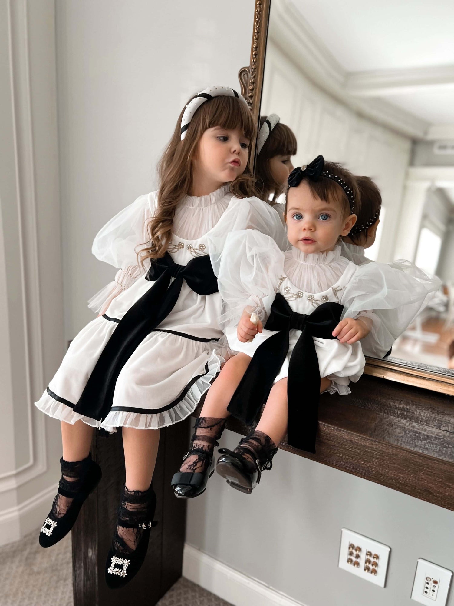 Baby Girls | Aurora Velour Dress with Tulle Puff Sleeves | Ivory