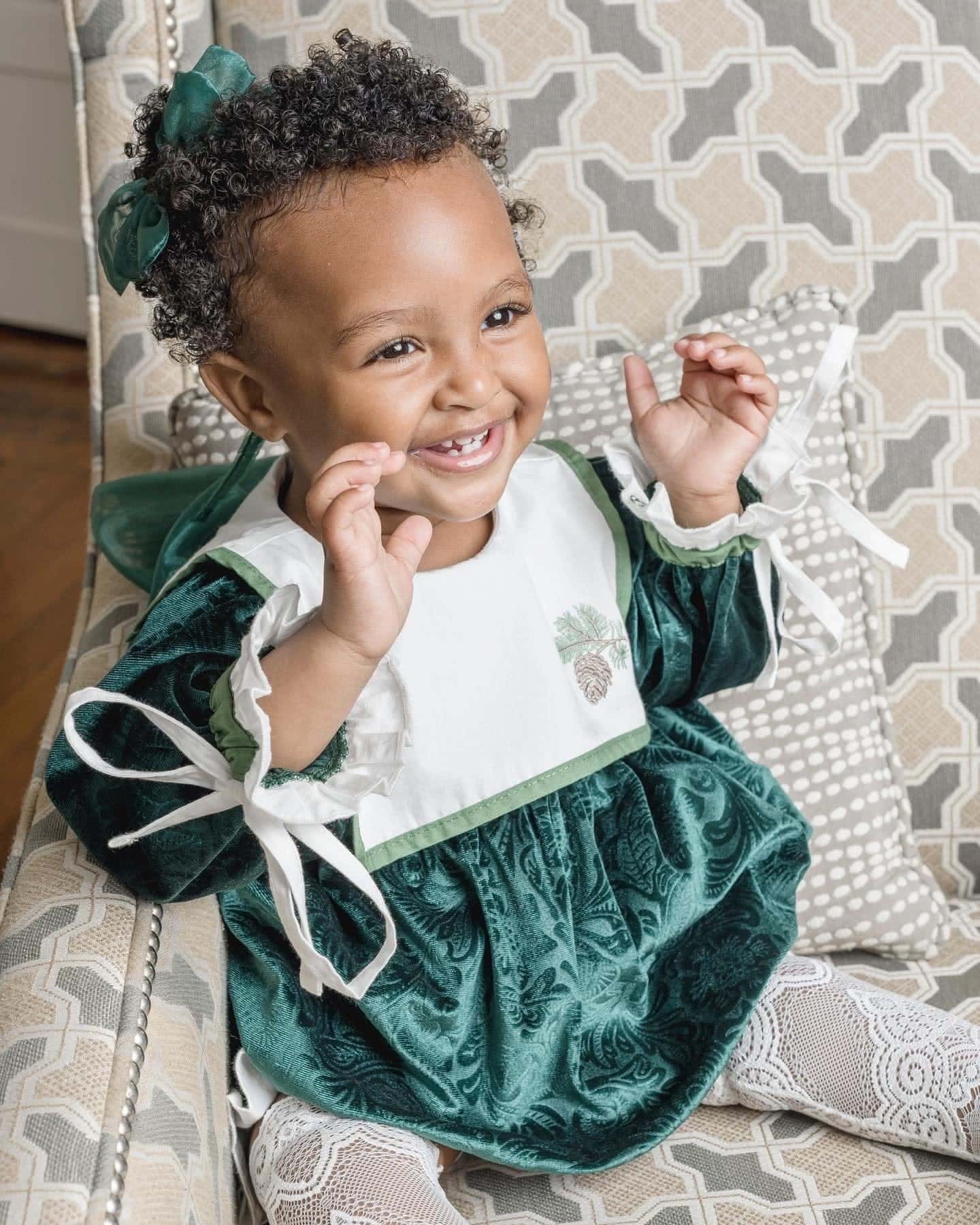 Baby Girls | Everly Damask Velour Romper | Green