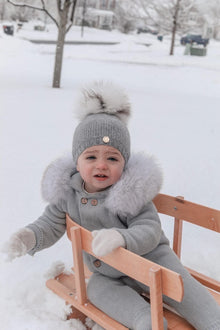 Baby Unisex | Honeycomb Cashmere Beanie Hats Print Pom | Grey & White