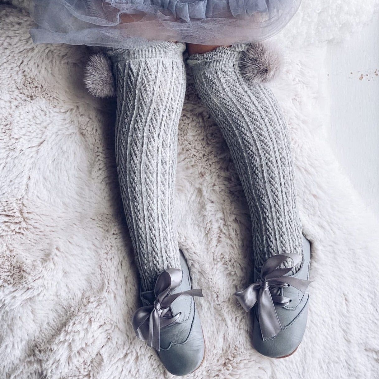 Knee High Socks with Poms Pom | Grey