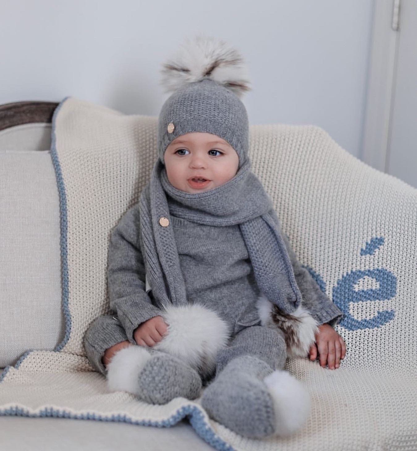 Baby Unisex | Honeycomb Cashmere Beanie Hats Print Pom | Grey & White