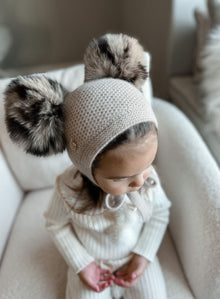 Baby Unisex | Honeycomb Cashmere Bonnet with Animal Print Poms | Beige