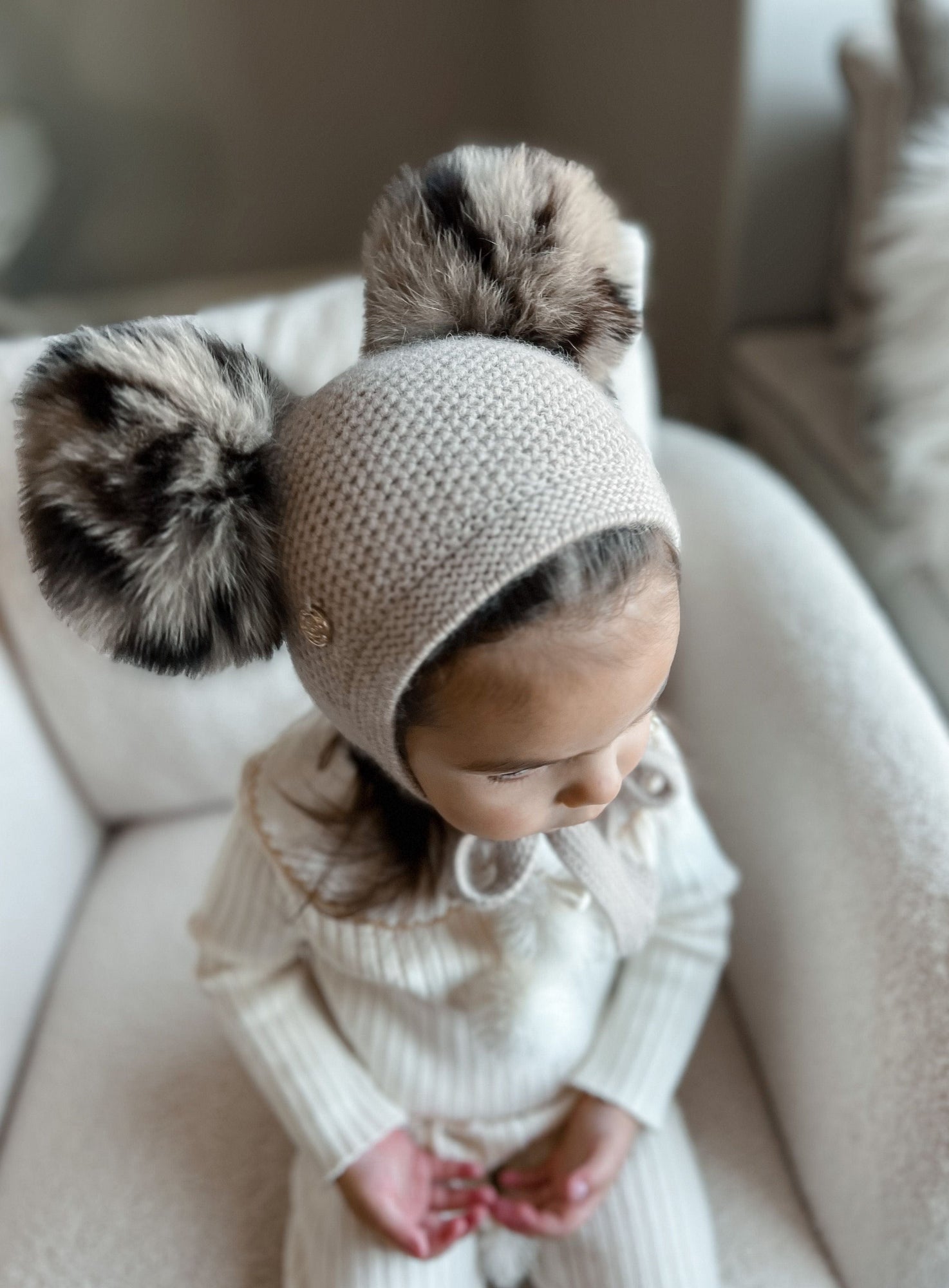 Baby Unisex | Honeycomb Cashmere Bonnet with Animal Print Poms | Beige