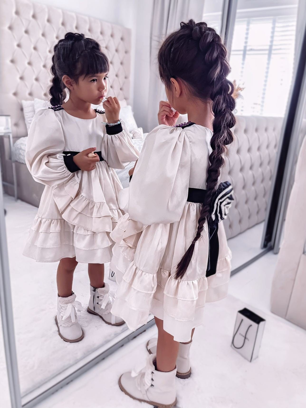 Evangeline Satin Champagne Ruffle Dress - Petite Maison Kids