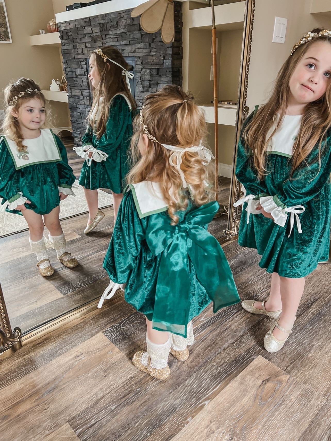 Baby Girls | Everly Damask Velour Romper | Green