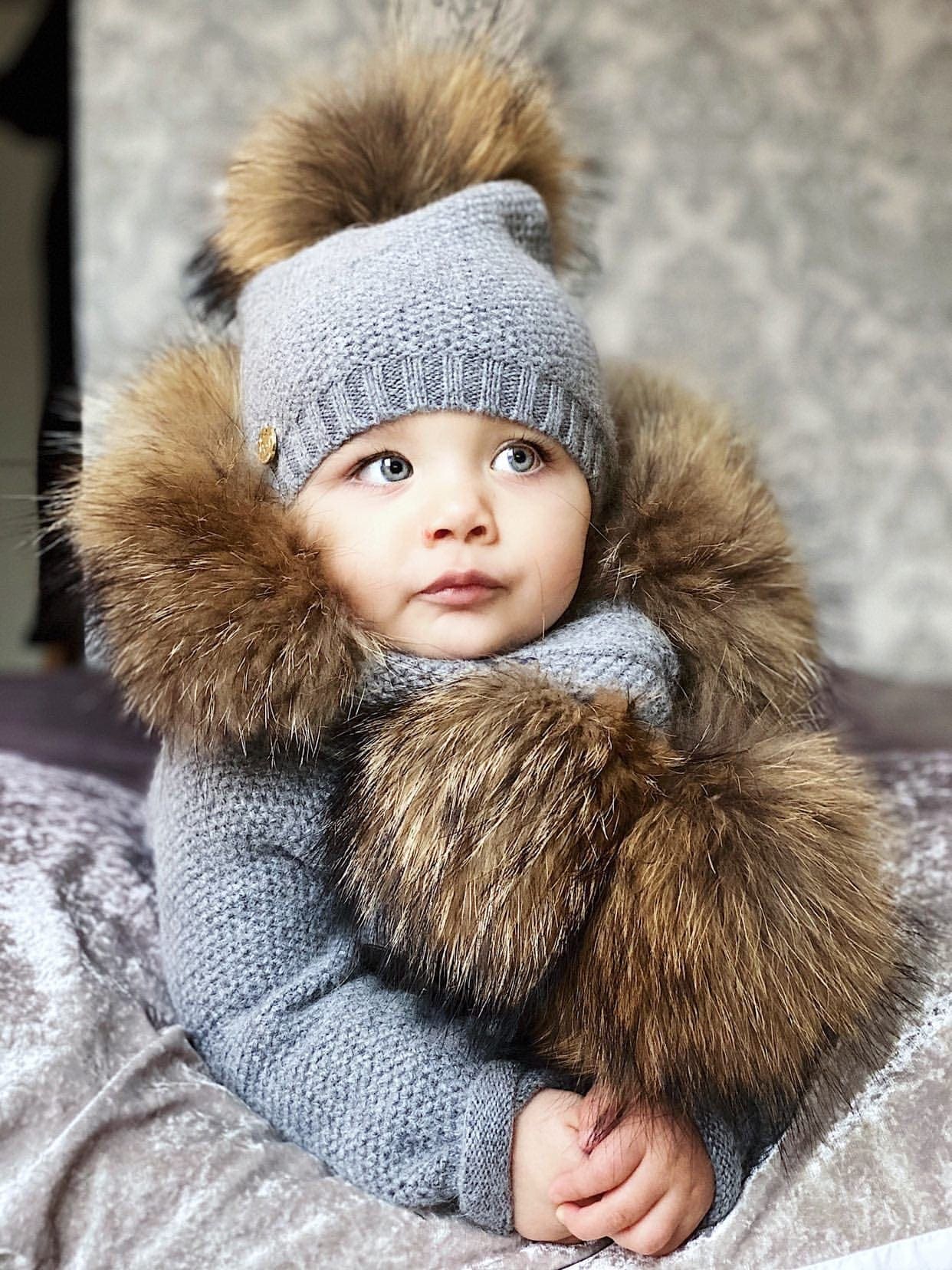 Baby Unisex | Honeycomb Cashmere Beanie Hats Pom | Grey & Natural