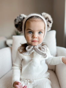 Baby Unisex | Honeycomb Cashmere Bonnet with Animal Print Poms | Beige