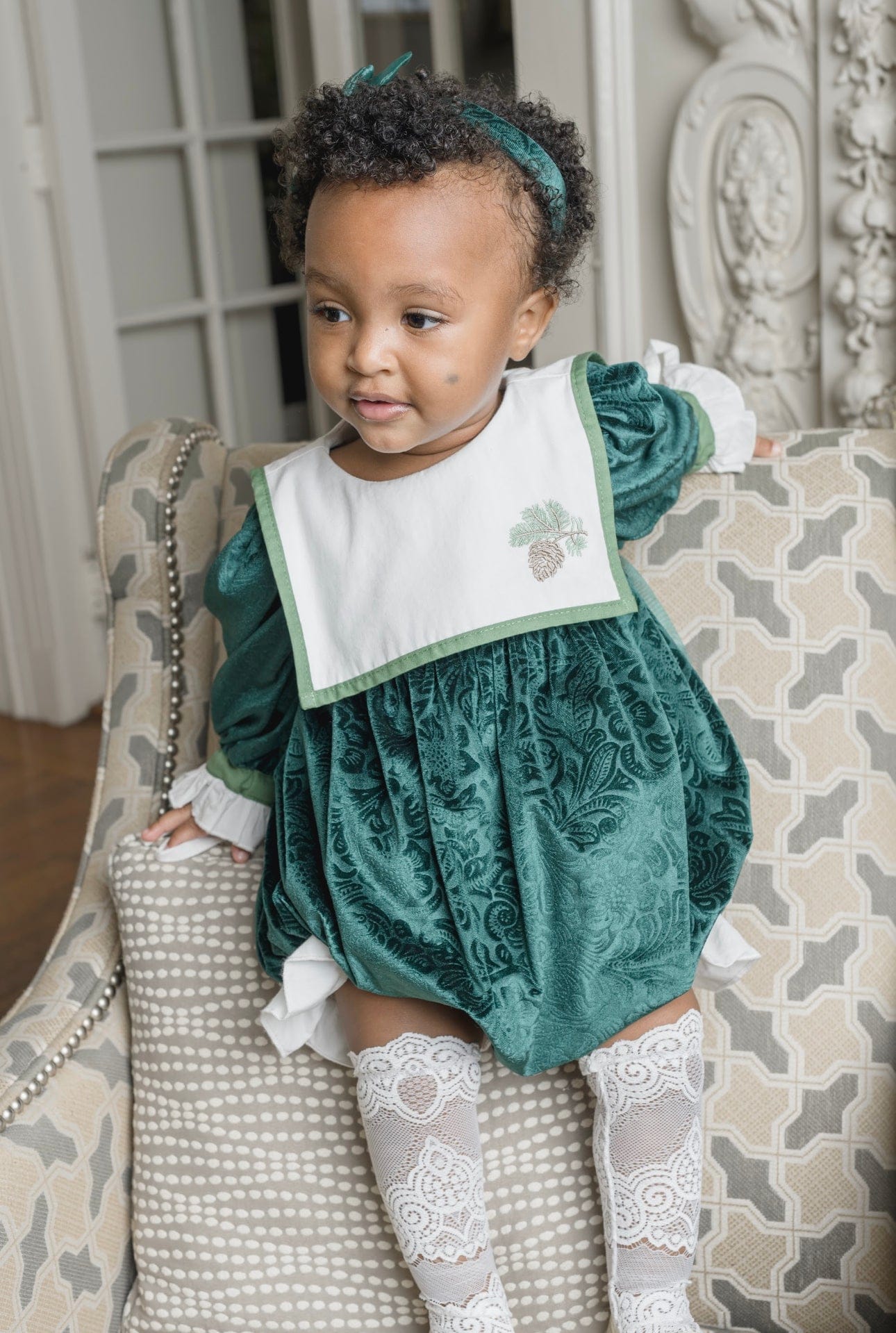 Baby Girls | Everly Damask Velour Romper | Green