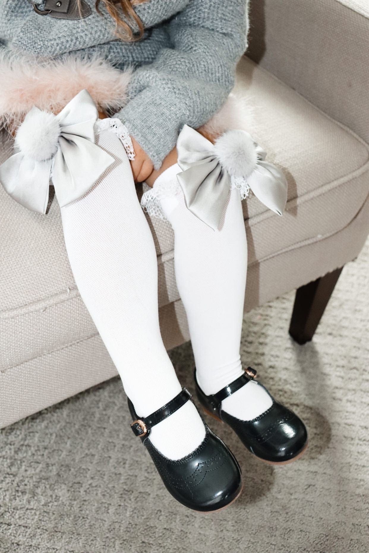 Lana Ruffle Socks with Poms and Bows Bow | Silver