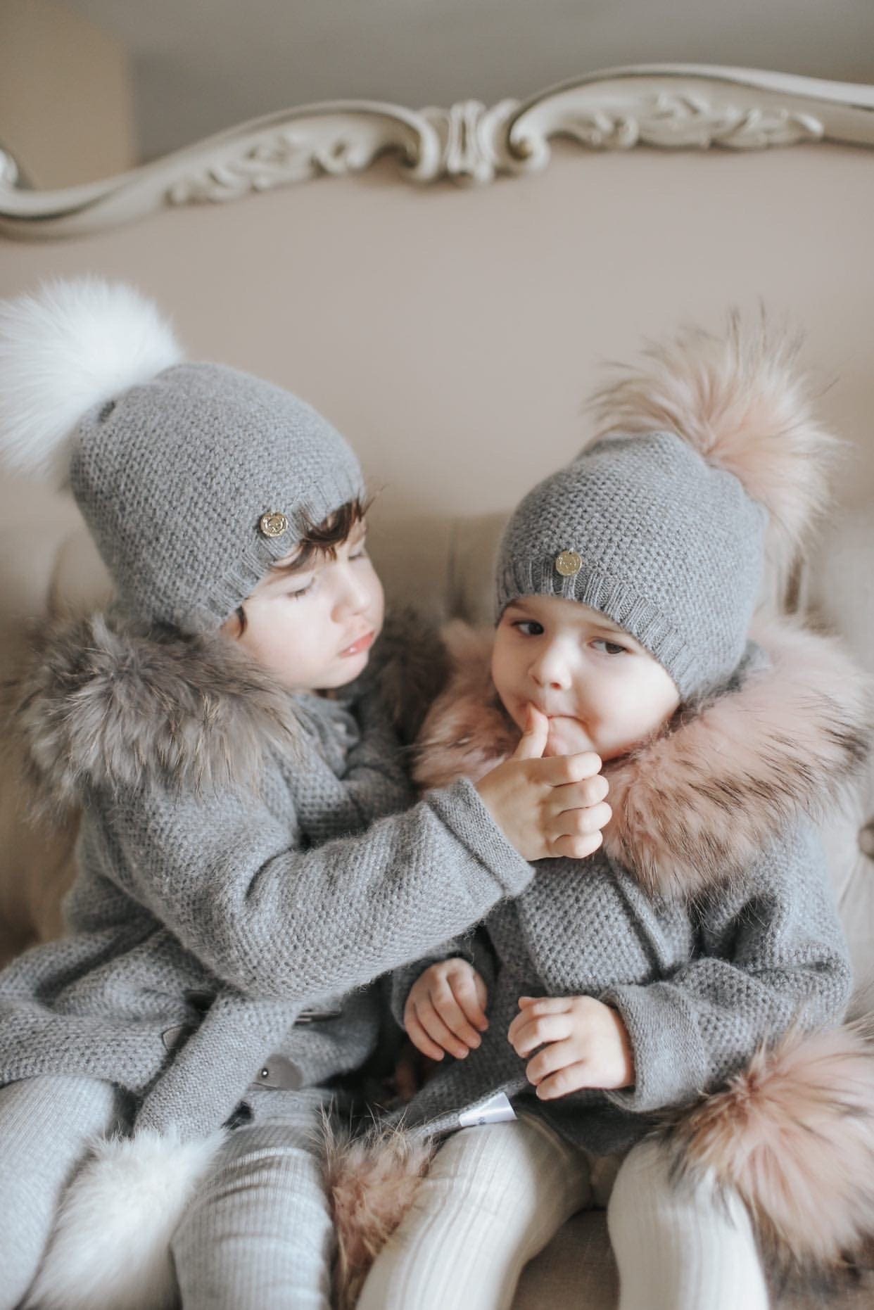 Baby Girls | Honeycomb Cashmere Beanie Hats Pom | Grey & Pink