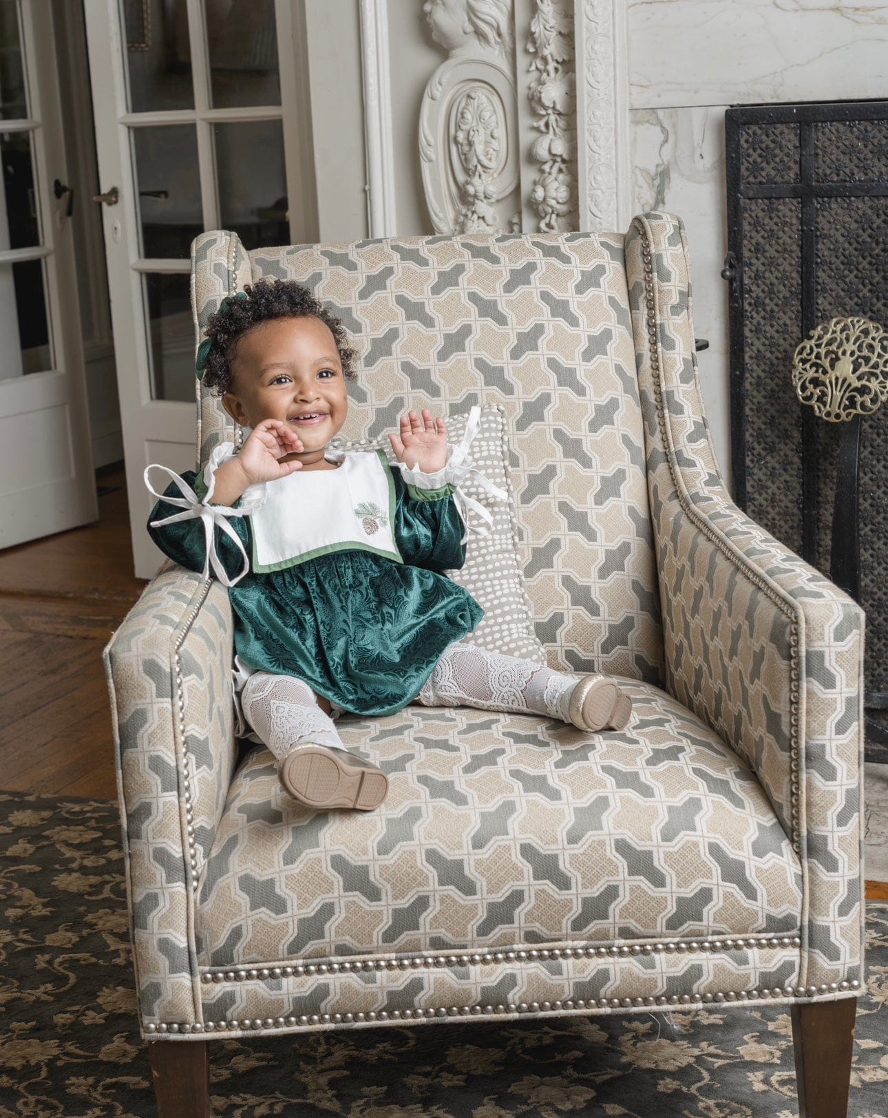 Baby Girls | Everly Damask Velour Romper | Green