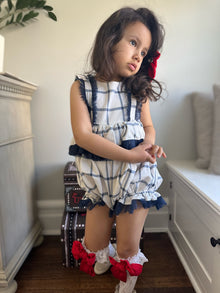 Baby Girls | Checkered Linen Ruffle Romper | White x Blue