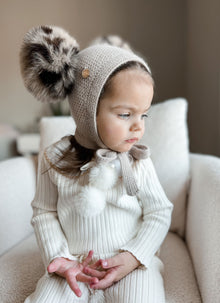 Baby Unisex | Honeycomb Cashmere Bonnet with Animal Print Poms | Beige