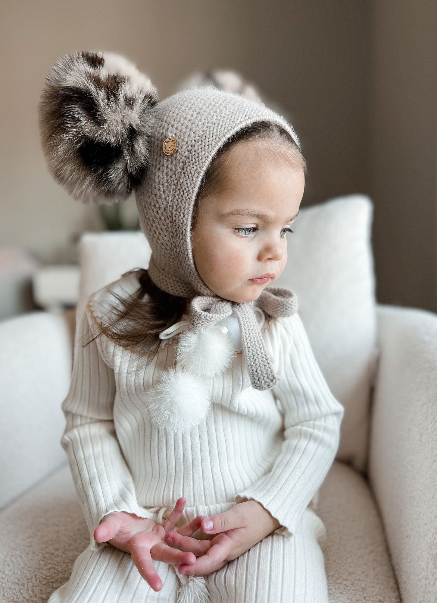 Baby Unisex | Honeycomb Cashmere Bonnet with Animal Print Poms | Beige