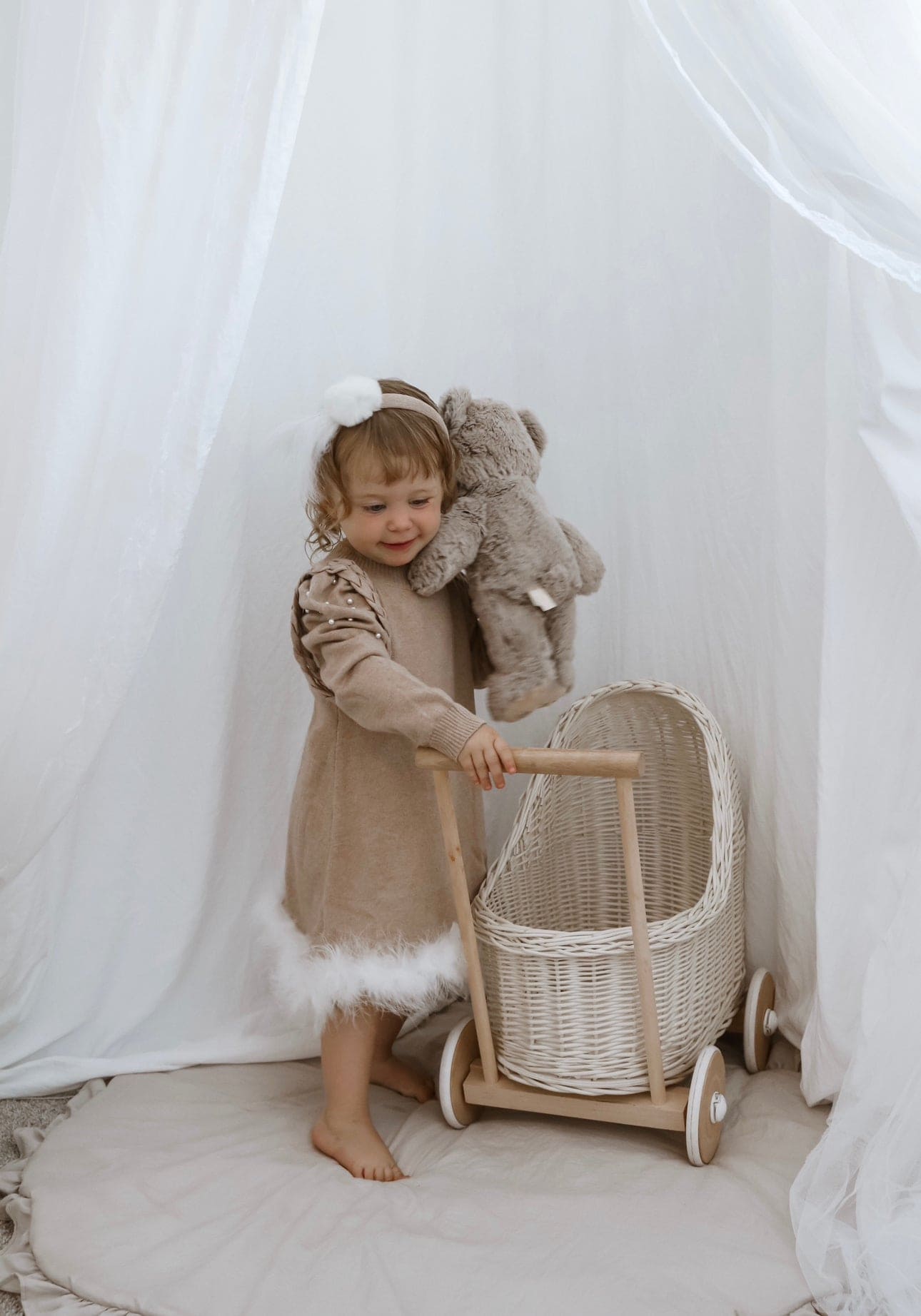 Baby Girls | Anna Knit Dress with Feathered Hem | Beige