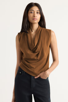 Arya | Romy Cotton-Linen Cowl-Neck Tee in Size Small
