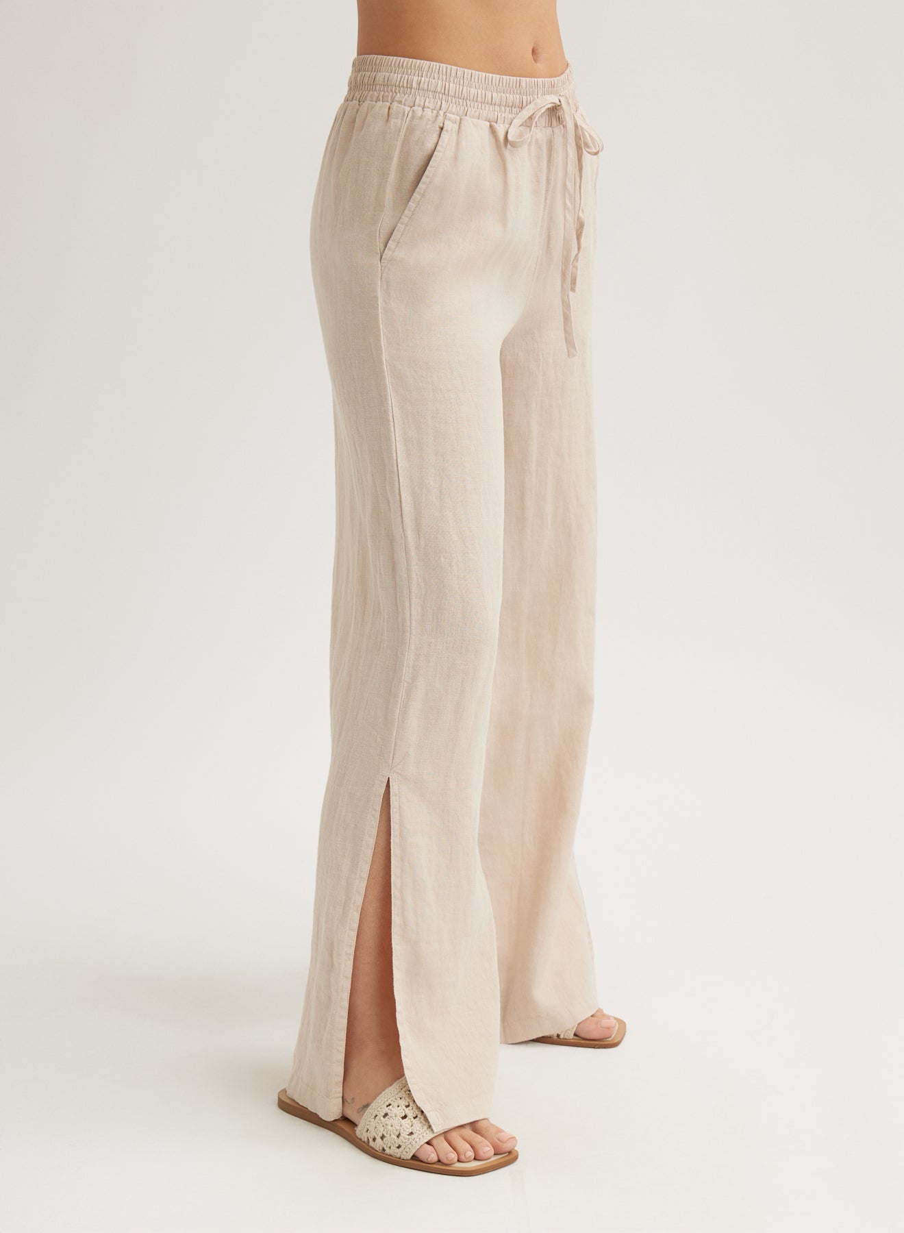 Linen Side Slit Wide Leg Pant | Linen Sand