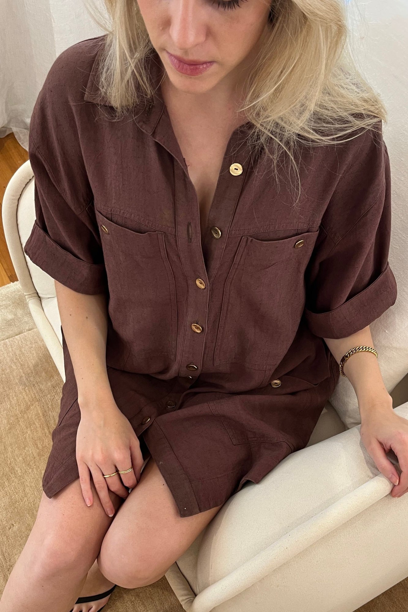 UNE PIECE-Short Sleeve Linen Dress CHOCOLATE