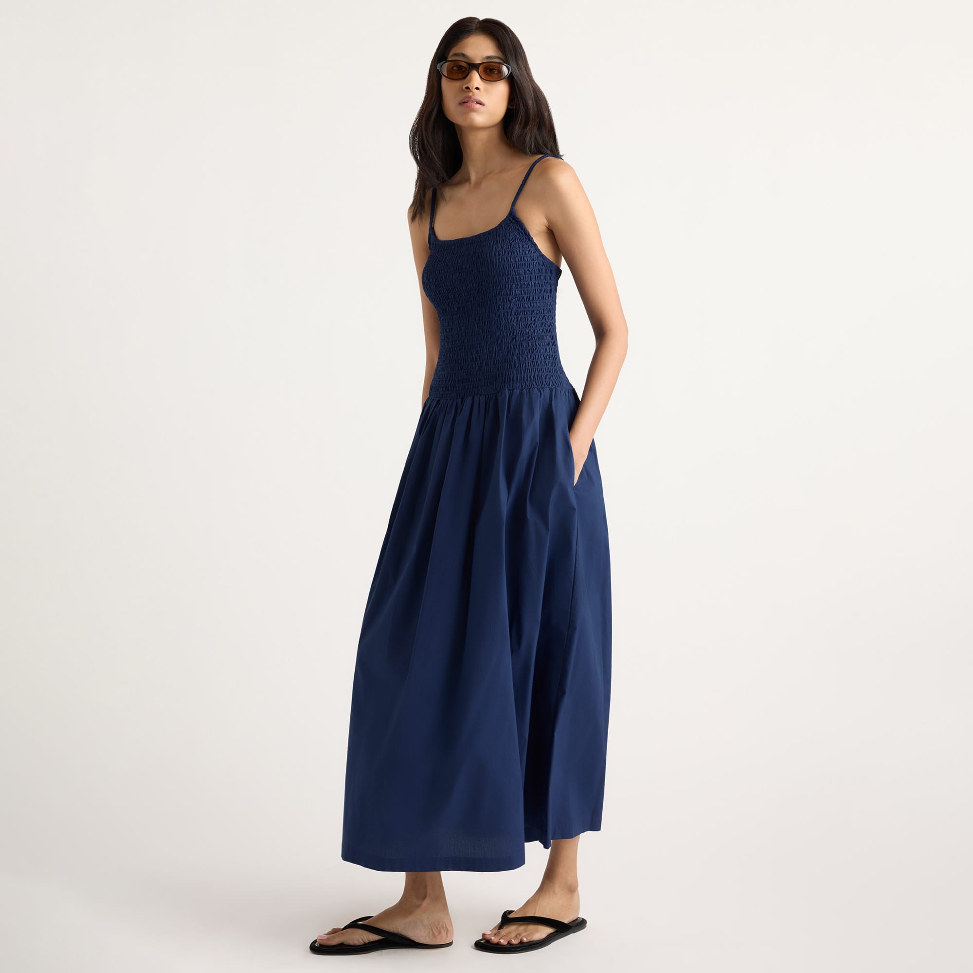 Arya | Venus Smocked Organic Cotton Midi Dress in Size Small
