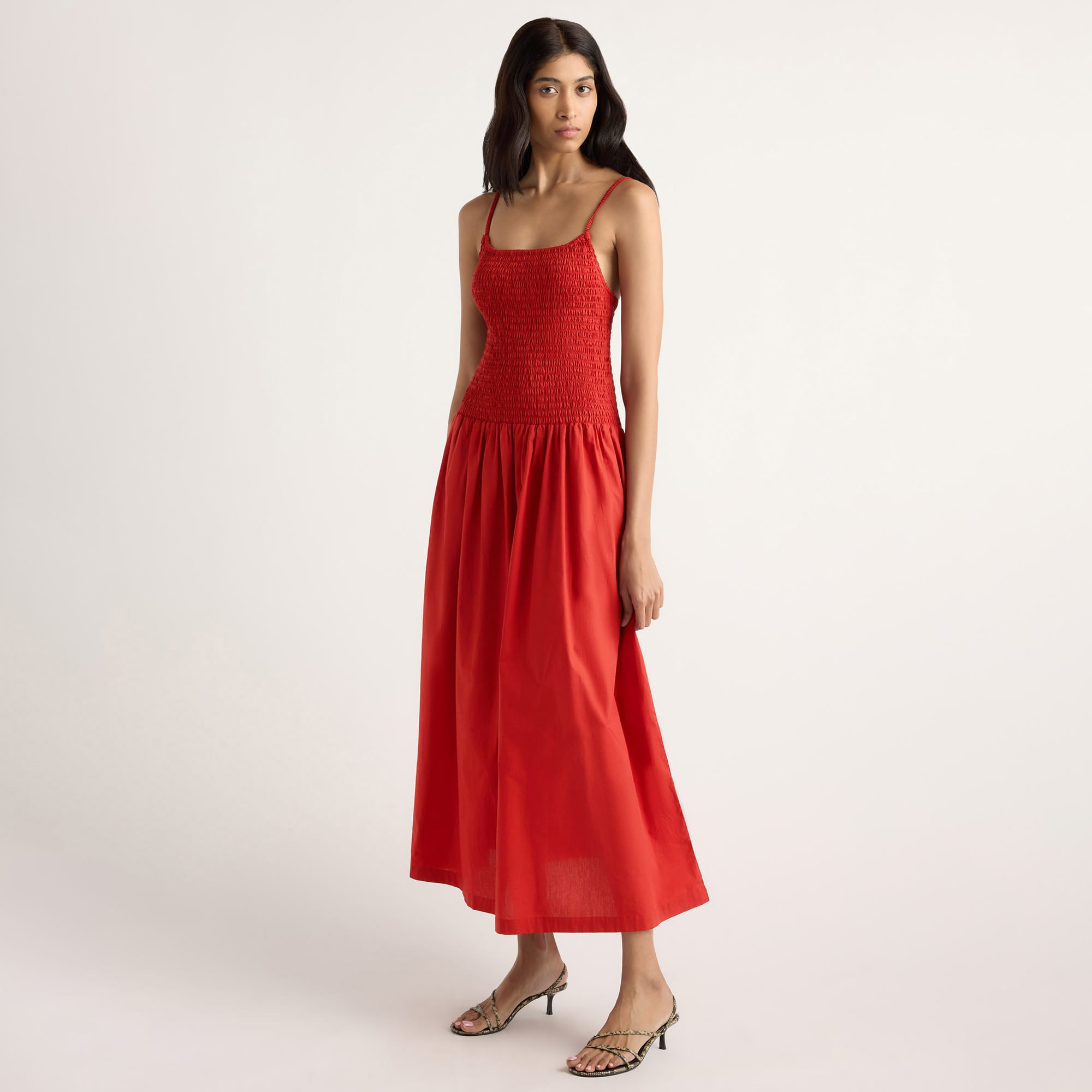 Arya | Venus Smocked Organic Cotton Midi Dress in Size Small