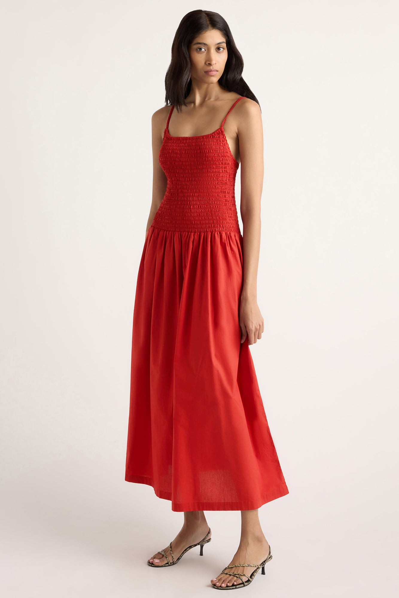 Arya | Venus Smocked Organic Cotton Midi Dress in Size Small