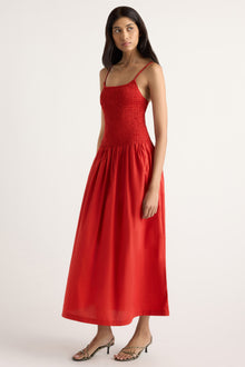 Arya | Venus Smocked Organic Cotton Midi Dress in Size Small